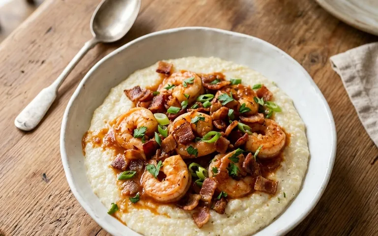 Un plato hondo blanco de camarones y grits con tocino, visto desde arriba.