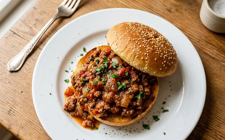 Un sándwich Sloppy Joe abierto en un plato blanco, fotografiado desde arriba.