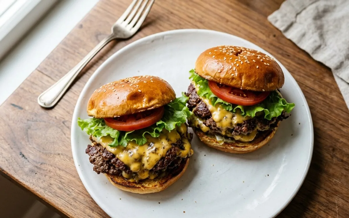 Un plato blanco con dos smash burgers con queso en panecillos, fotografiado desde arriba.