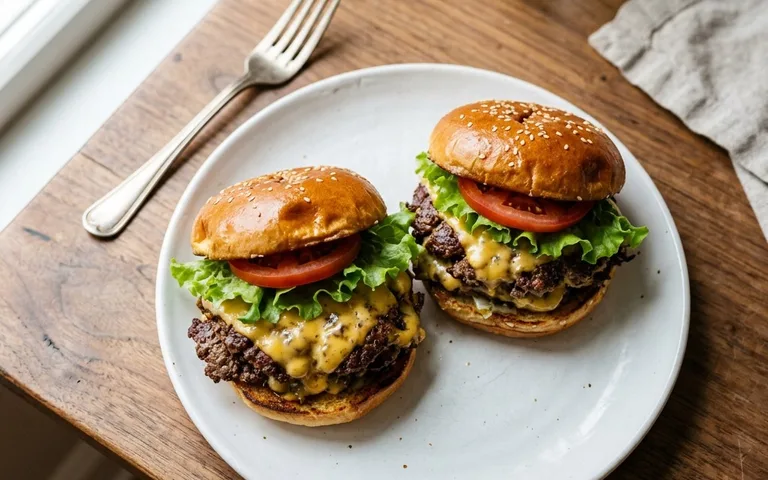Un plato blanco con dos smash burgers con queso en panecillos, fotografiado desde arriba.