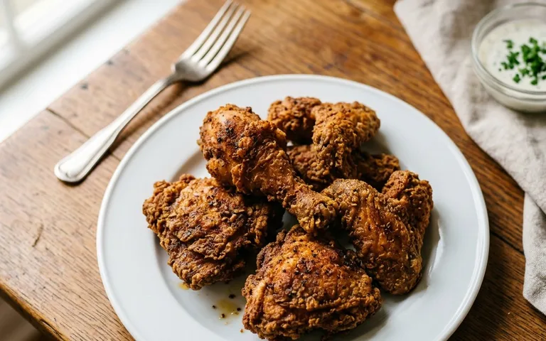 Un plato blanco con piezas de pollo frito sureño crujiente, fotografiado desde arriba.
