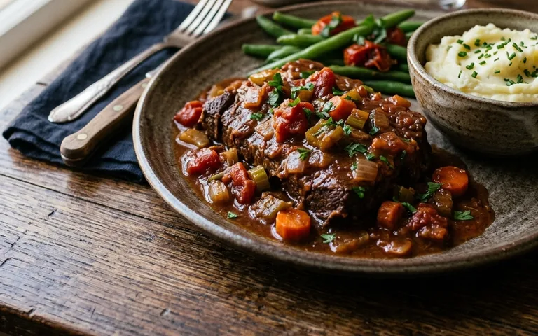 Un plato de bistec suizo en salsa de tomate