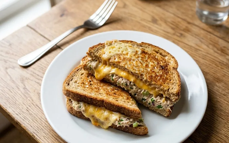 Un plato blanco con un sándwich de atún gratinado y queso derretido, visto desde arriba.