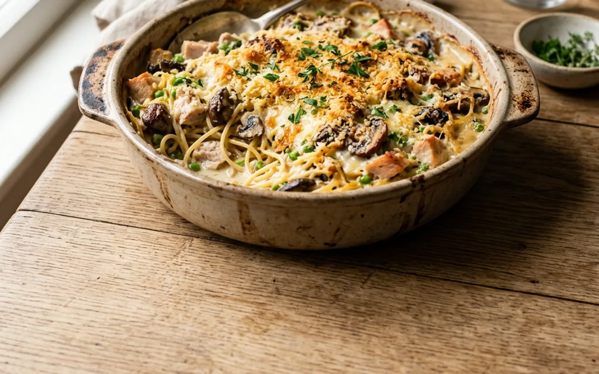 Una cazuela horneada de tetrazzini de pavo con dorado encima